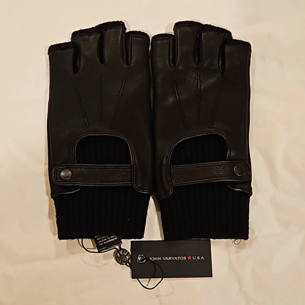 BNWT JOHN VARVATOS BLACK LEATHER FINGERLESS GLOVES